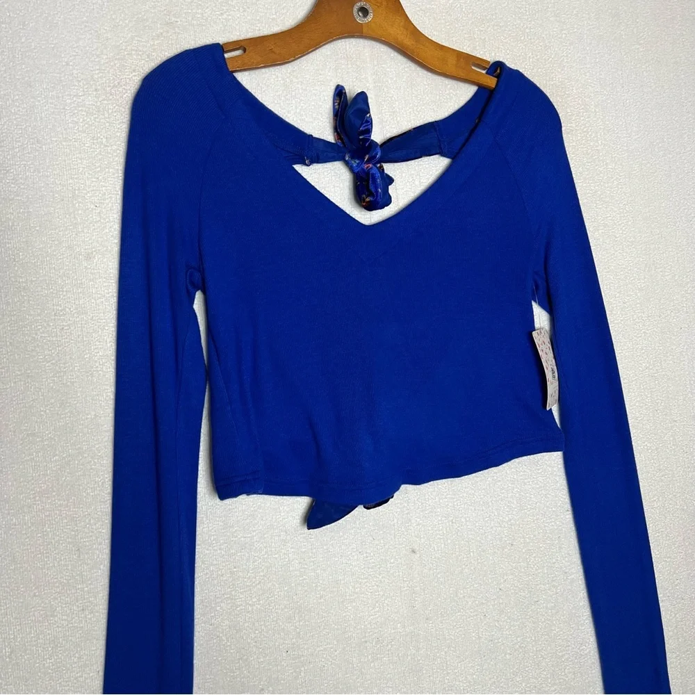 Free People Dual Velvet Tie Back Straps Long Sleeve Women's Top Blue Flame Sz S